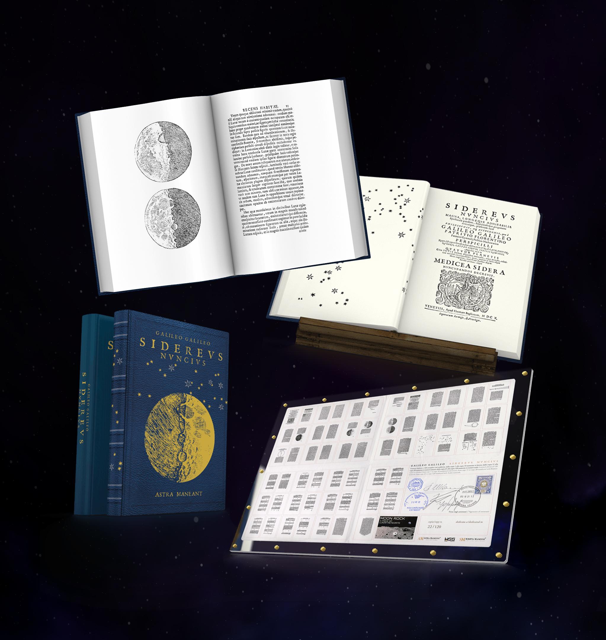 L'edizione anastatica del Sidereus Nuncius di Galileo: il volume rilegato, il libro aperto e la tavola dei documenti