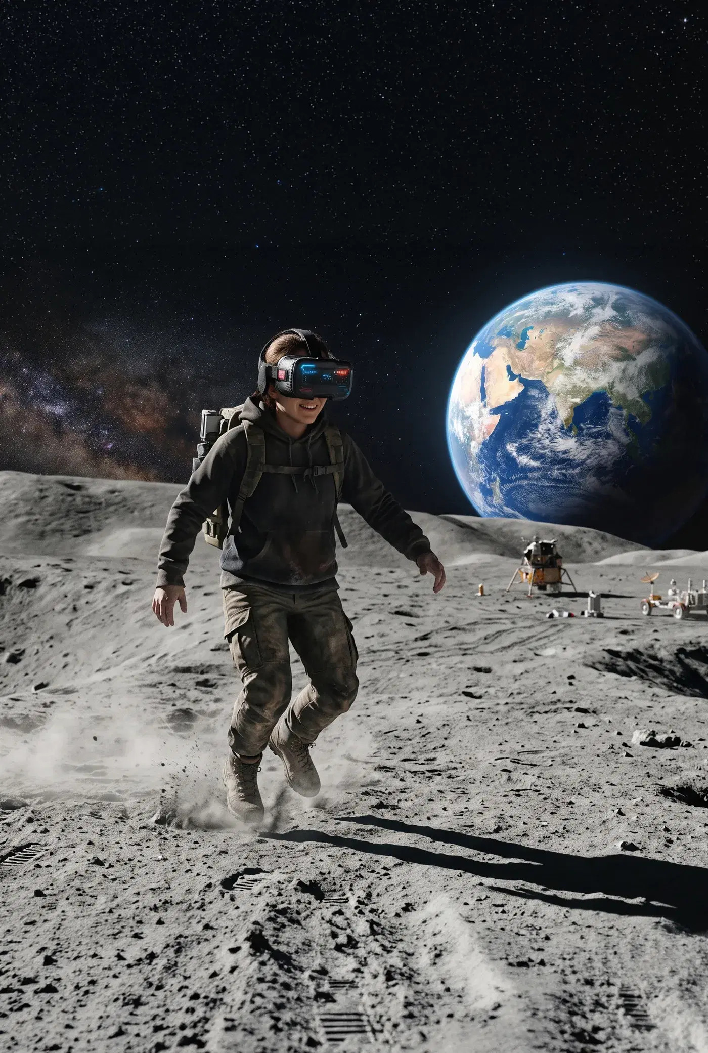Un ragazzo con visore VR cammina sulla superficie lunare, con la Terra all'orizzonte